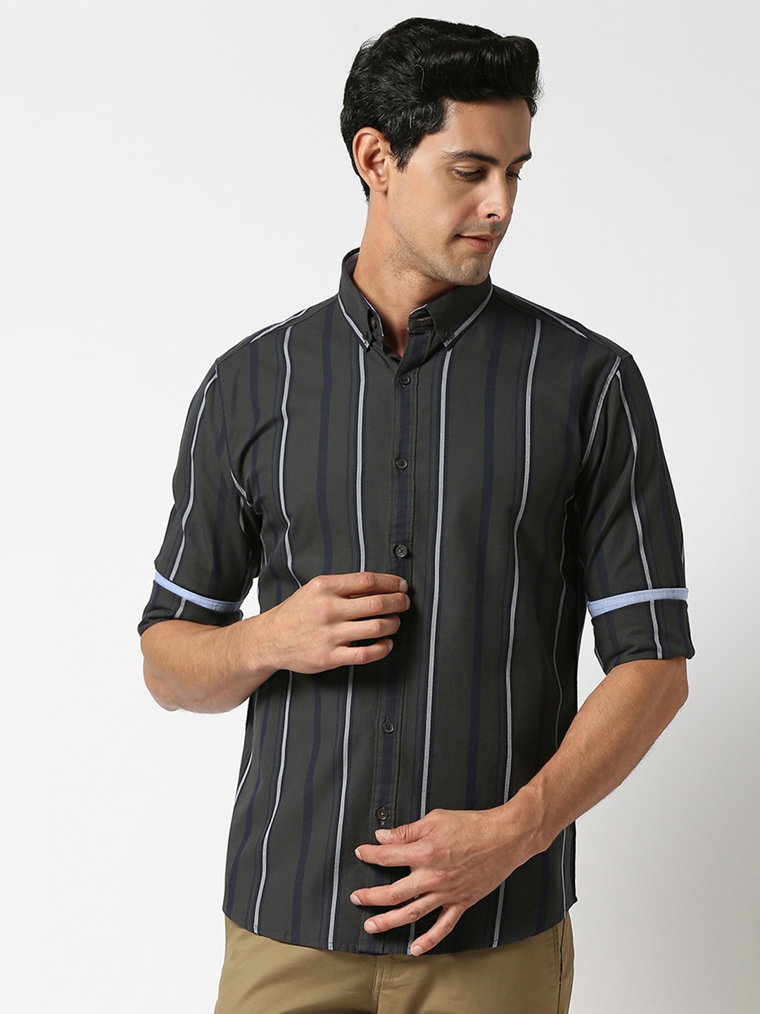 

DRAGON HILL Slim Fit Vertical Striped Button Down Collar Oxford Cotton Casual Shirt, Green