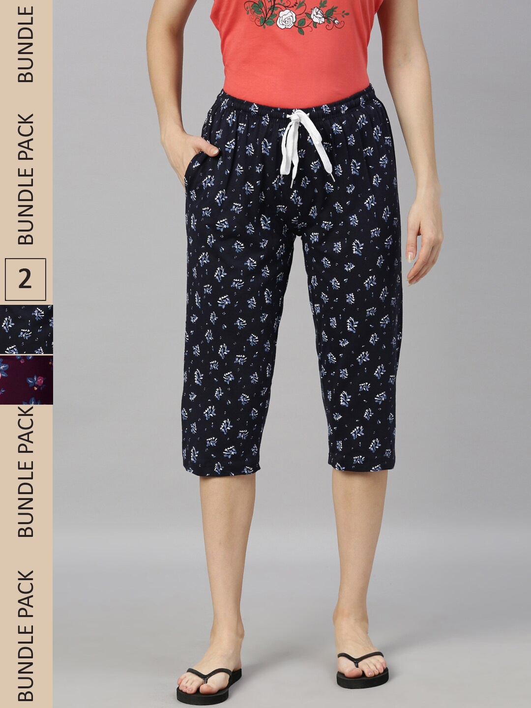 

Kryptic Women Pack Of 2 Printed Mid-Rise Pure Cotton Capris, Navy blue