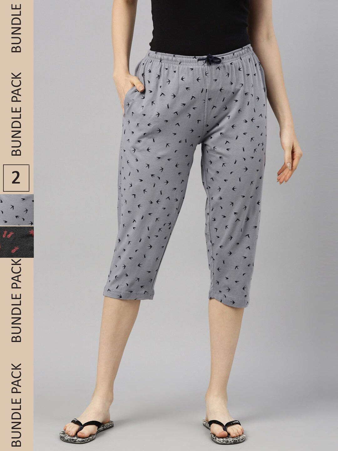 

Kryptic Women Pack Of 2 Printed Mid-Rise Pure Cotton Capris, Grey
