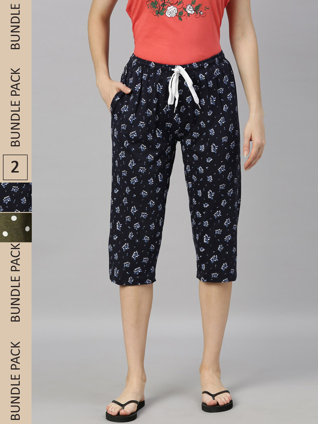 

Kryptic Women Pack Of 2 Printed Mid-Rise Pure Cotton Capris, Navy blue