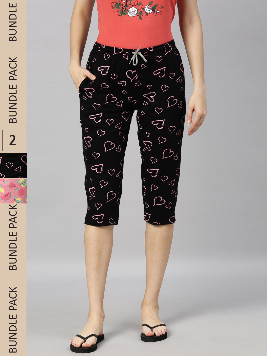 

Kryptic Women Pack Of 2 Printed Mid-Rise Regular-Fit Pure Cotton Capris, Black