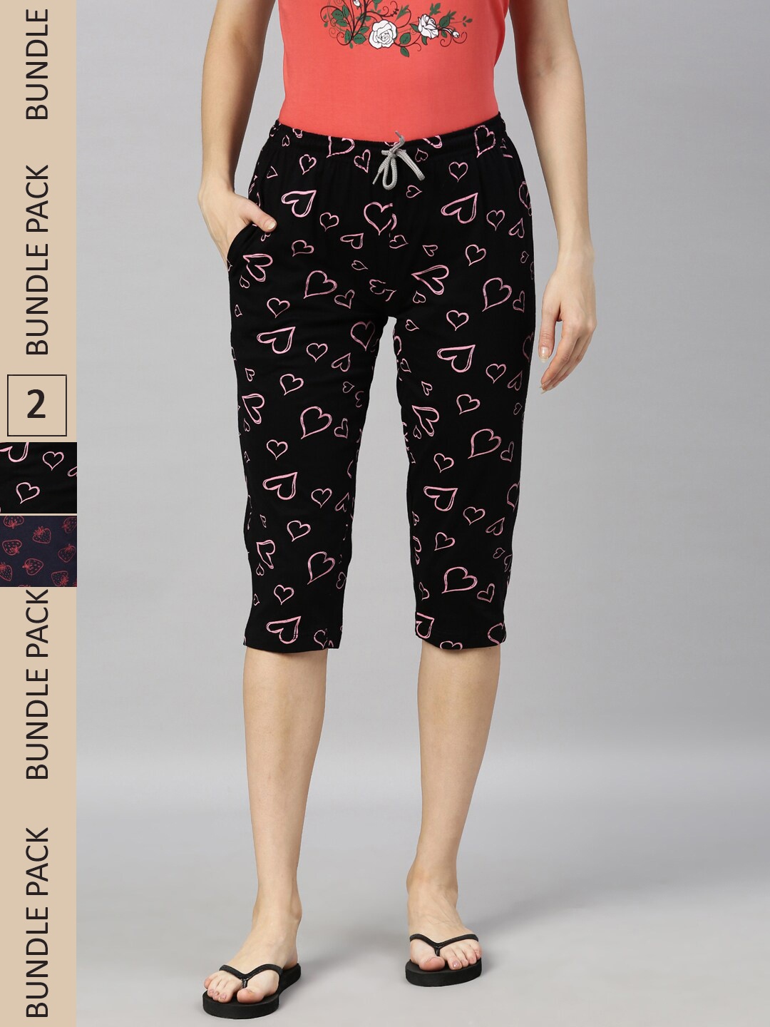 

Kryptic Women Pack Of 2 Printed Mid-Rise Regular-Fit Pure Cotton Capris, Navy blue