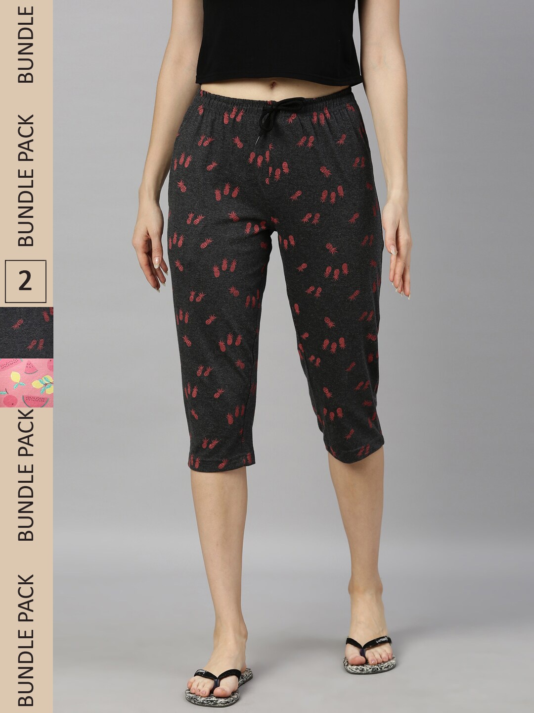 

Kryptic Women Pack Of 2 Printed Mid-Rise Regular-Fit Pure Cotton Capris, Coral