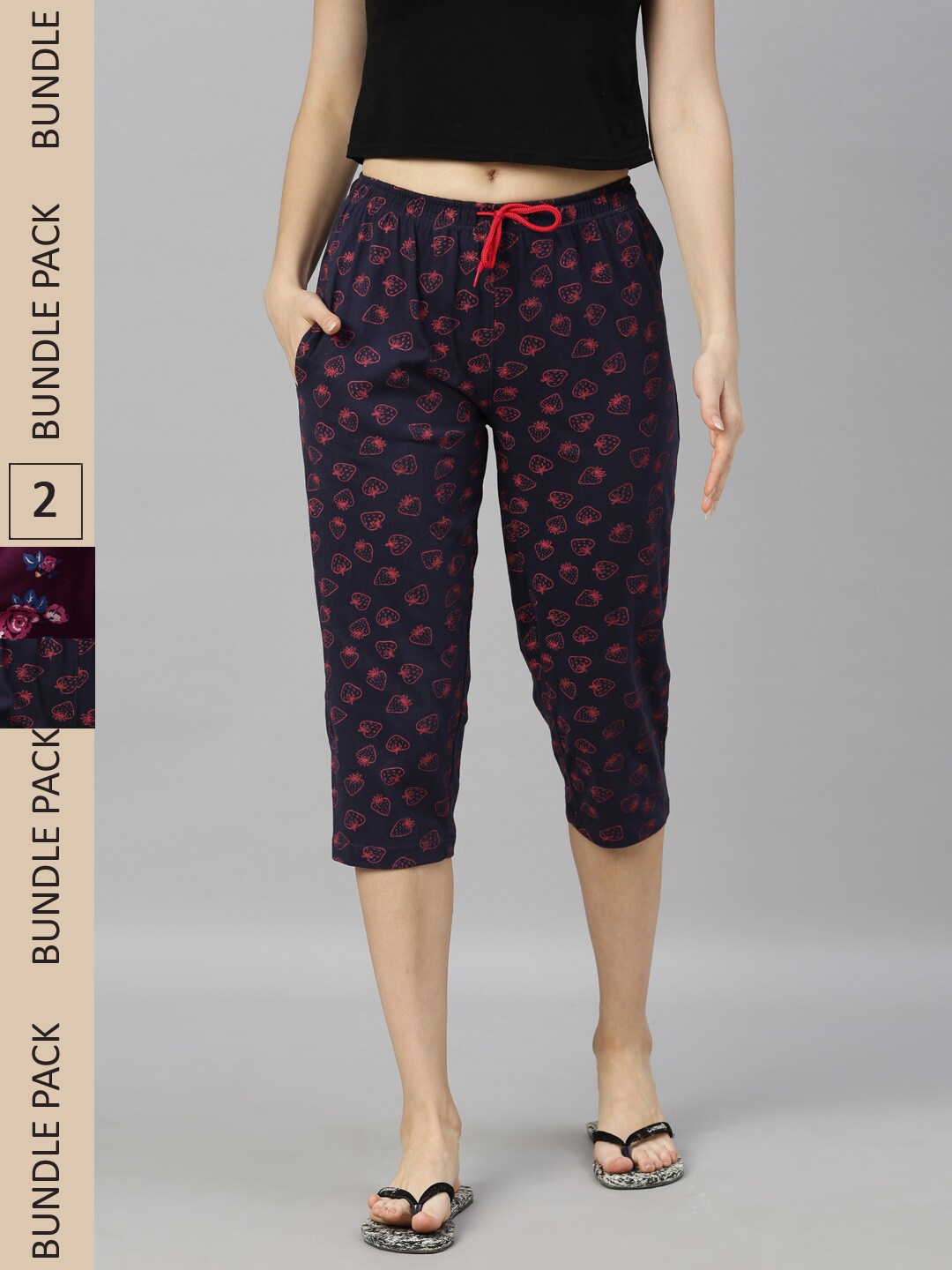 

Kryptic Women Pack Of 2 Printed Mid-Rise Regular-Fit Pure Cotton Capris, Navy blue