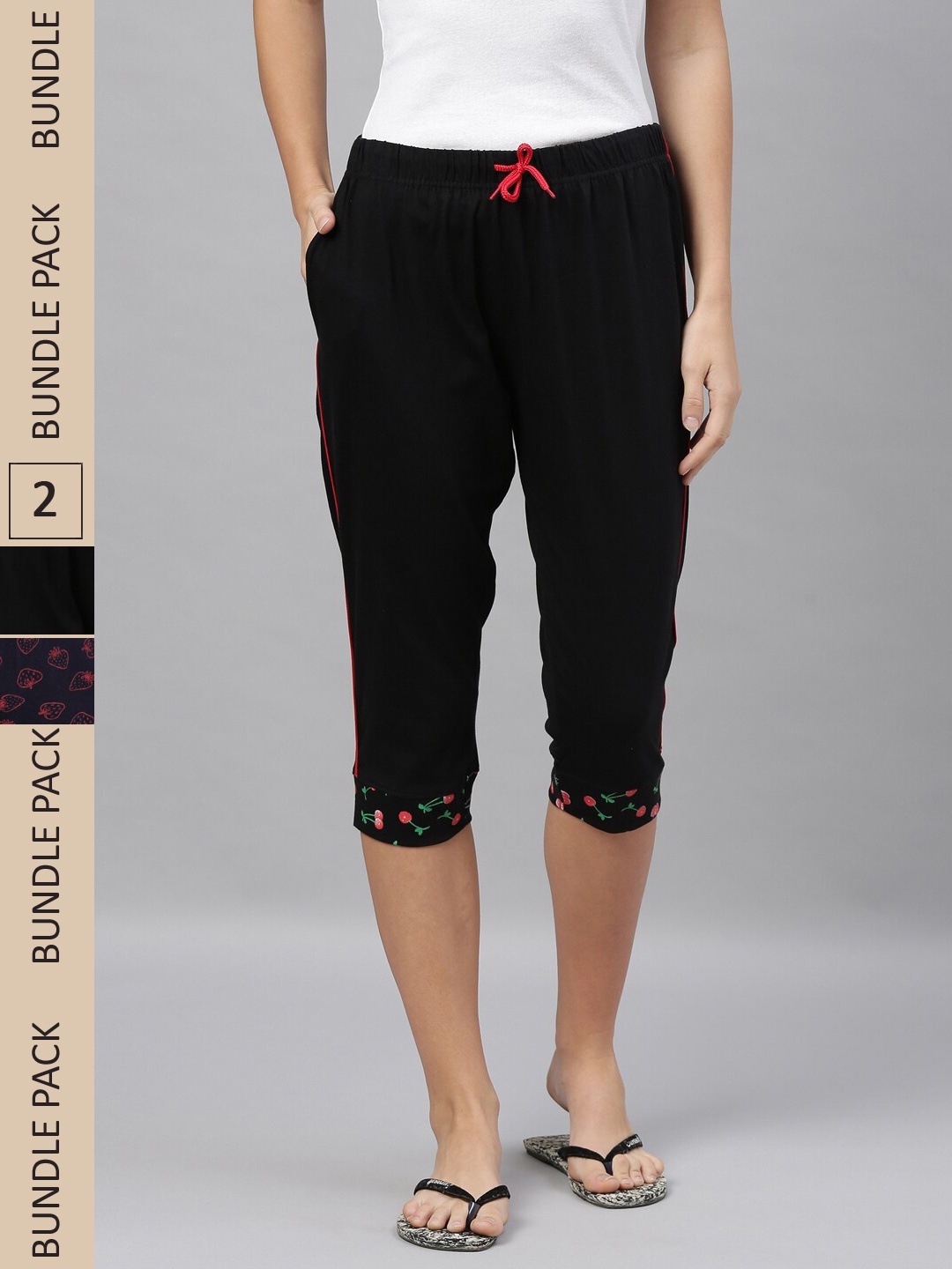 

Kryptic Women Pack Of 2 Printed Pure Cotton Capris, Black