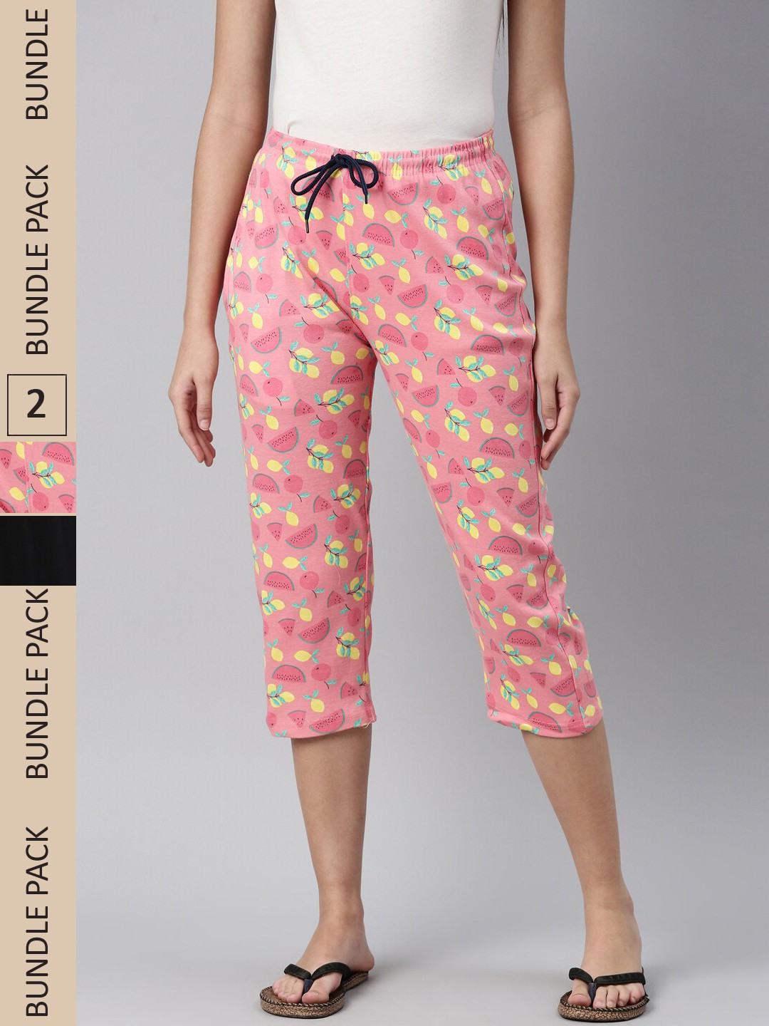 

Kryptic Women Pack Of 2 Printed Pure Cotton Capris, Coral