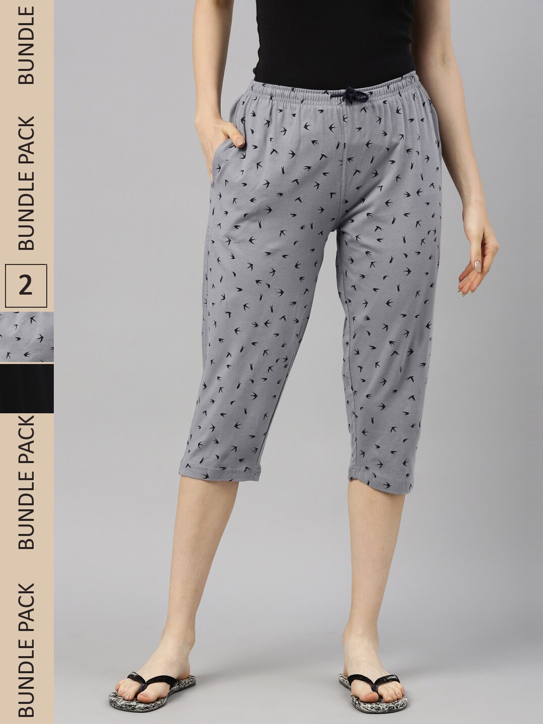 

Kryptic Women Pack Of 2 Printed Pure Cotton Capris, Grey