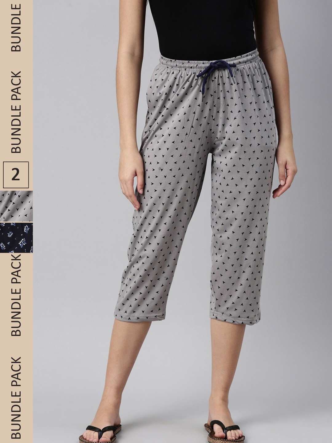 

Kryptic Women Pack Of 2 Printed Pure Cotton Capris, Grey