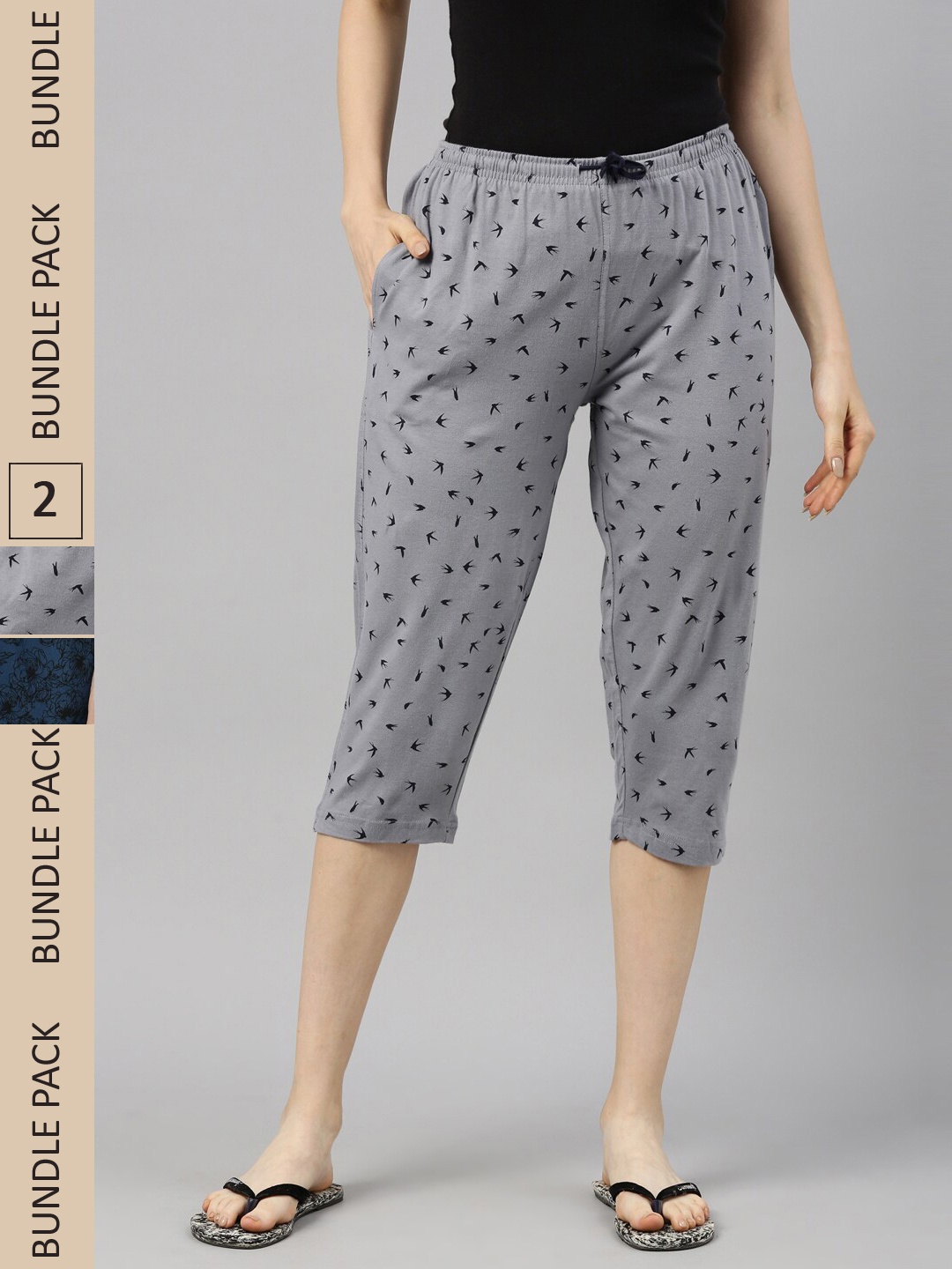 

Kryptic Women Pack Of 2 Printed Pure Cotton Capris, Grey