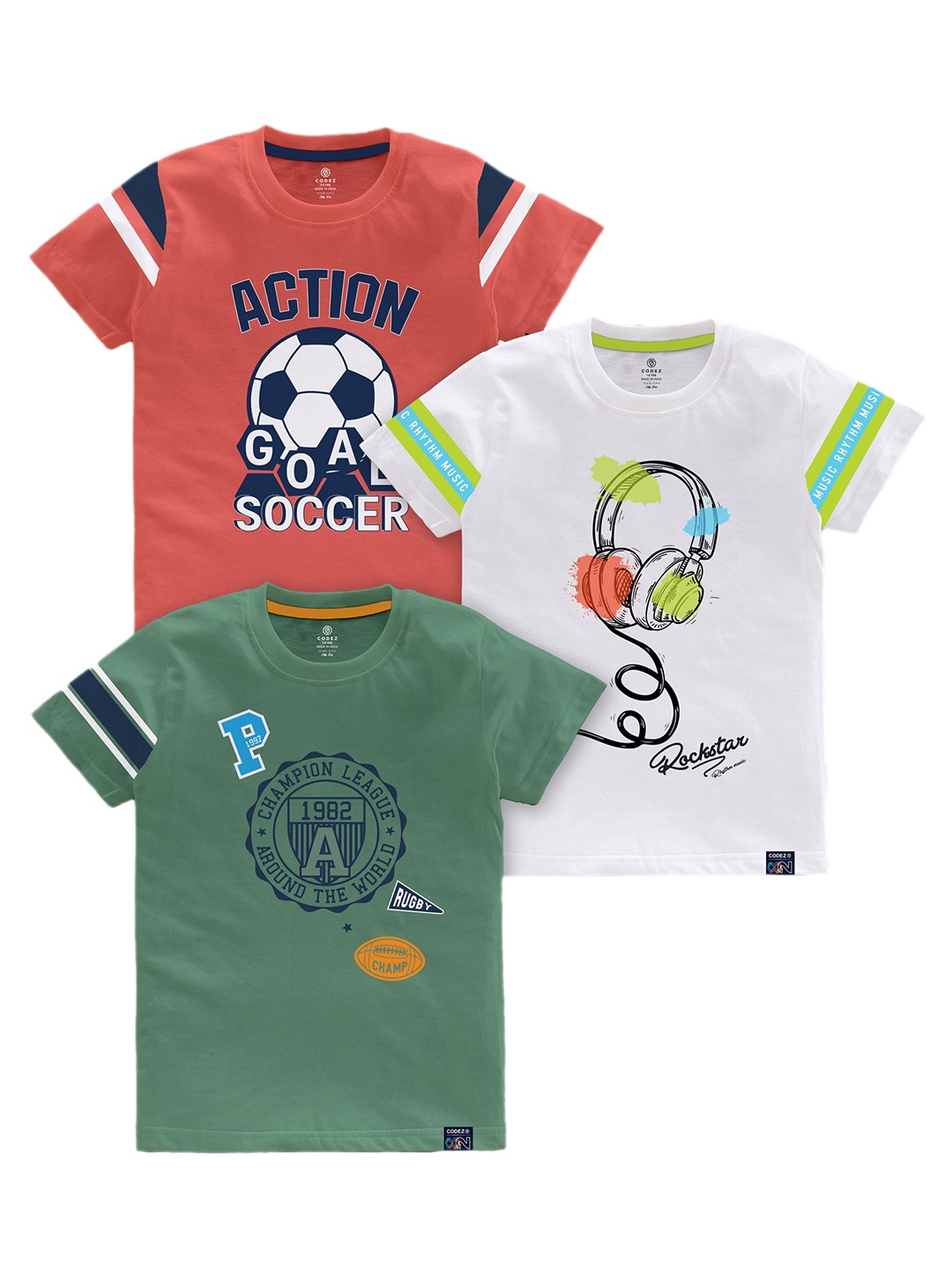 

CODEZ Boys Pack Of 3 Graphic Printed Short Sleeves Cotton T-shirts, Coral
