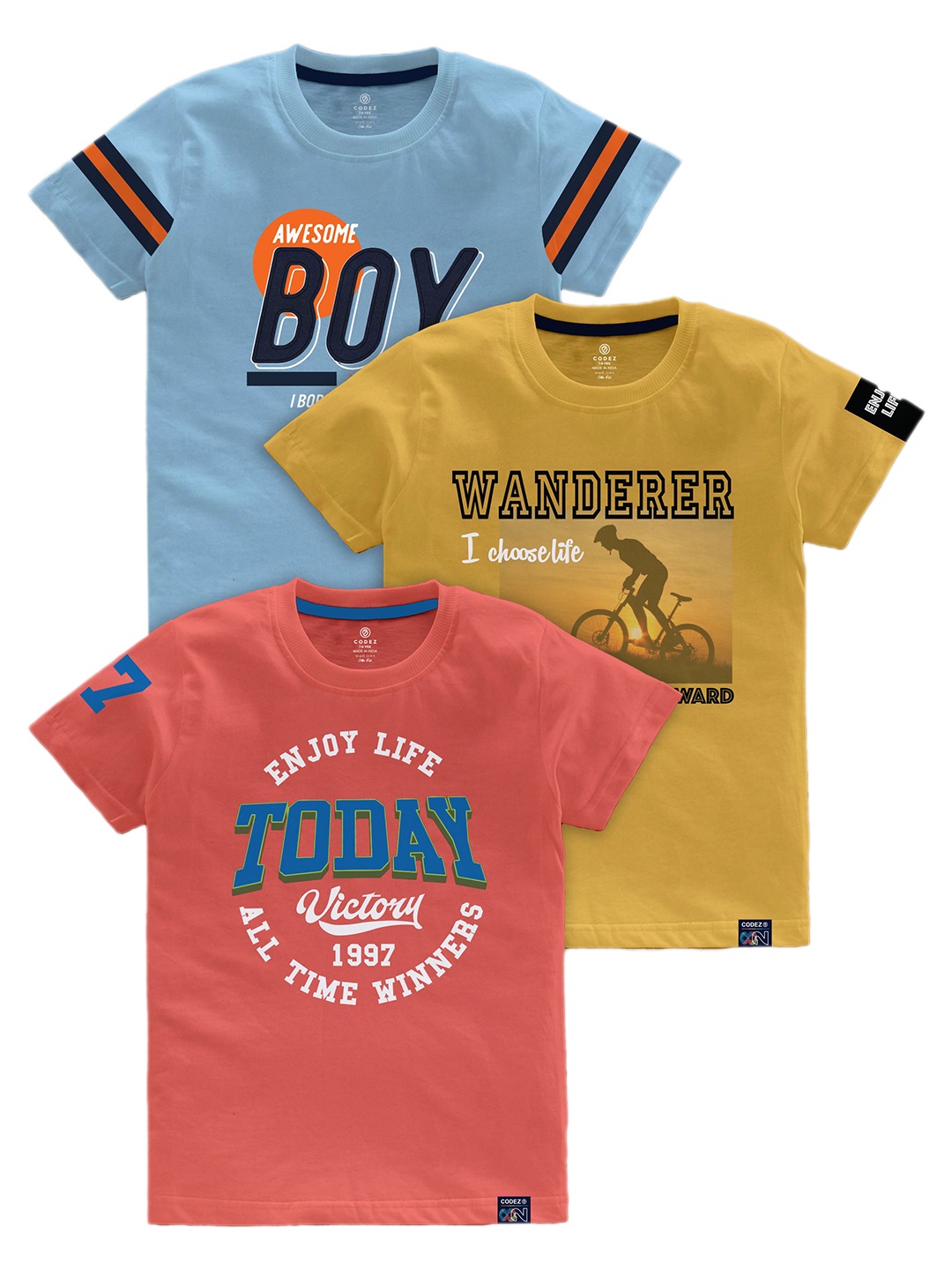 

CODEZ Boys Pack Of 3 Printed Cotton T-shirts, Coral