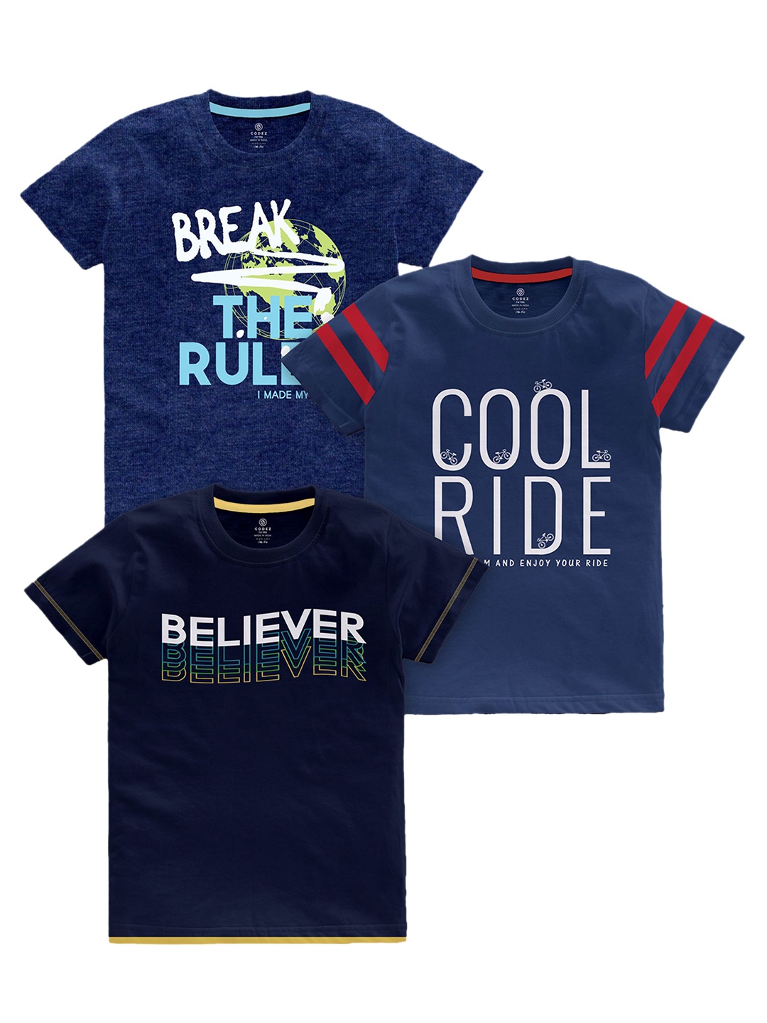 

CODEZ Boys Typography Printed Pack Of 3 Cotton T-Shirts, Navy blue