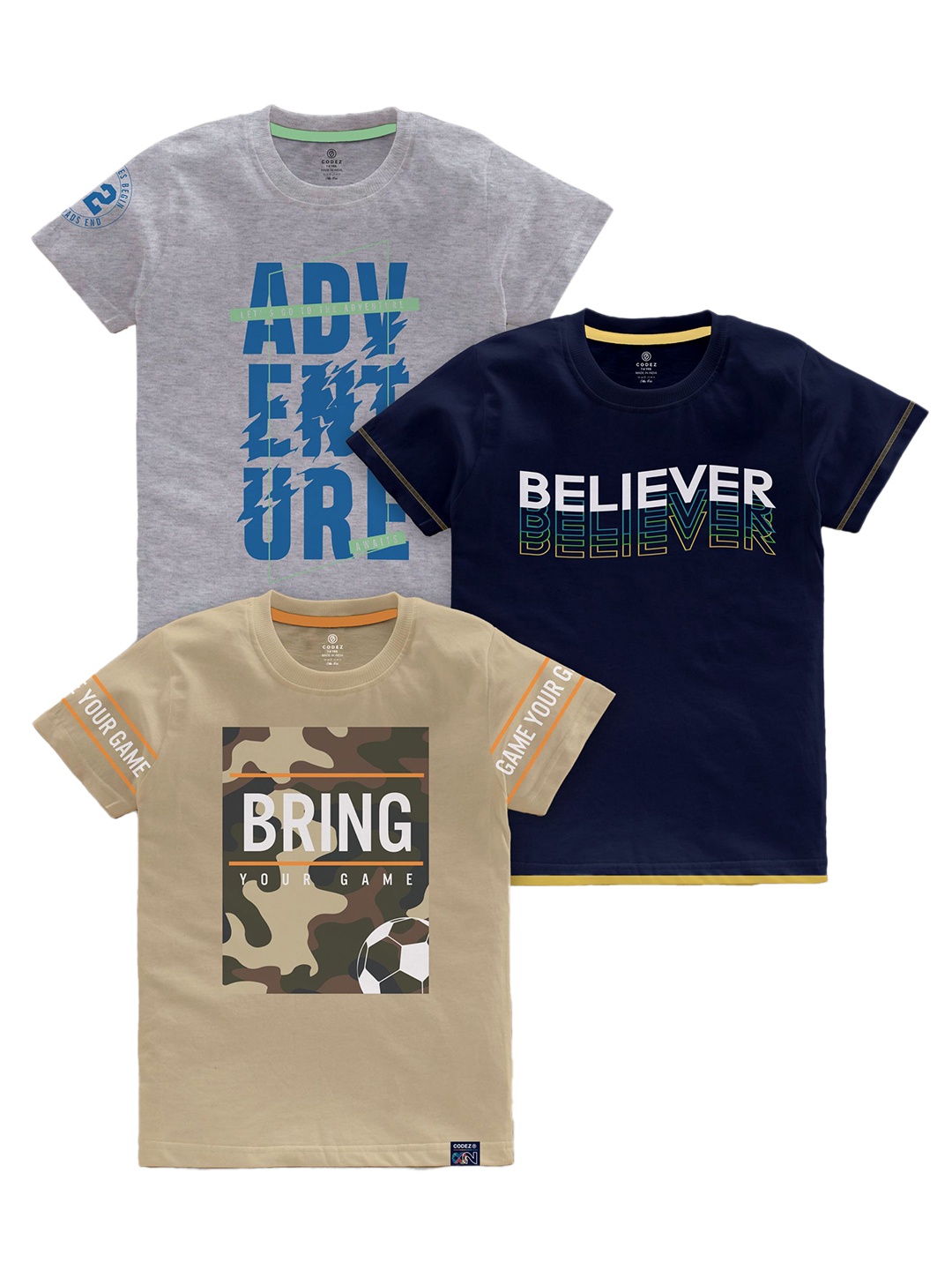 

CODEZ Boys Typography Printed Pack Of 3 Cotton T-Shirts, Beige