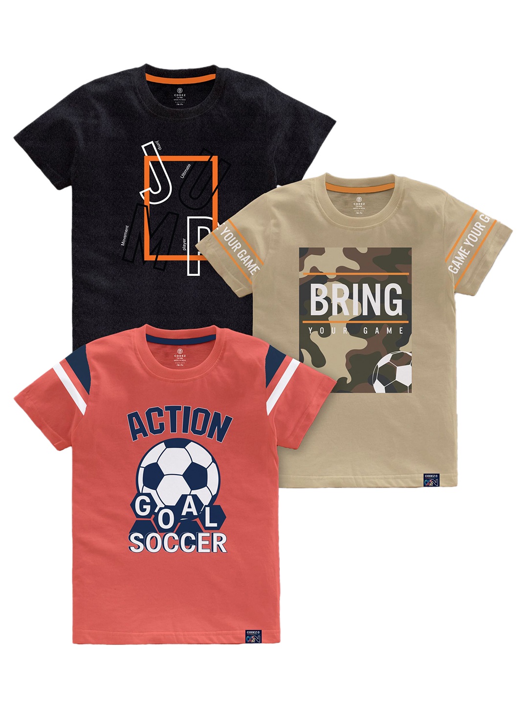 

CODEZ Boys Typography Printed Pack Of 3 Cotton T-Shirts, Coral