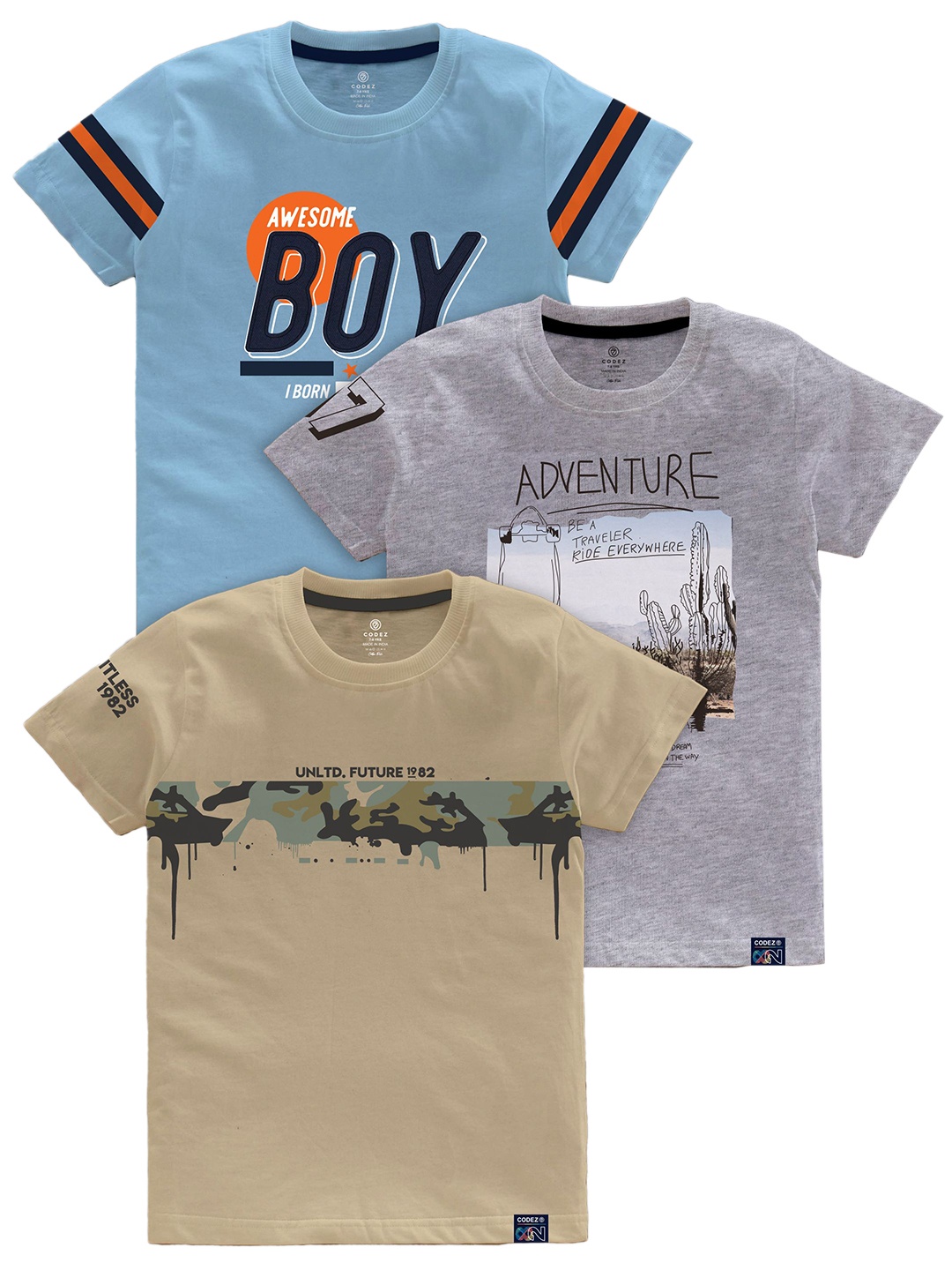 

CODEZ Boys Typography Printed Pack Of 3 Cotton T-Shirts, Blue