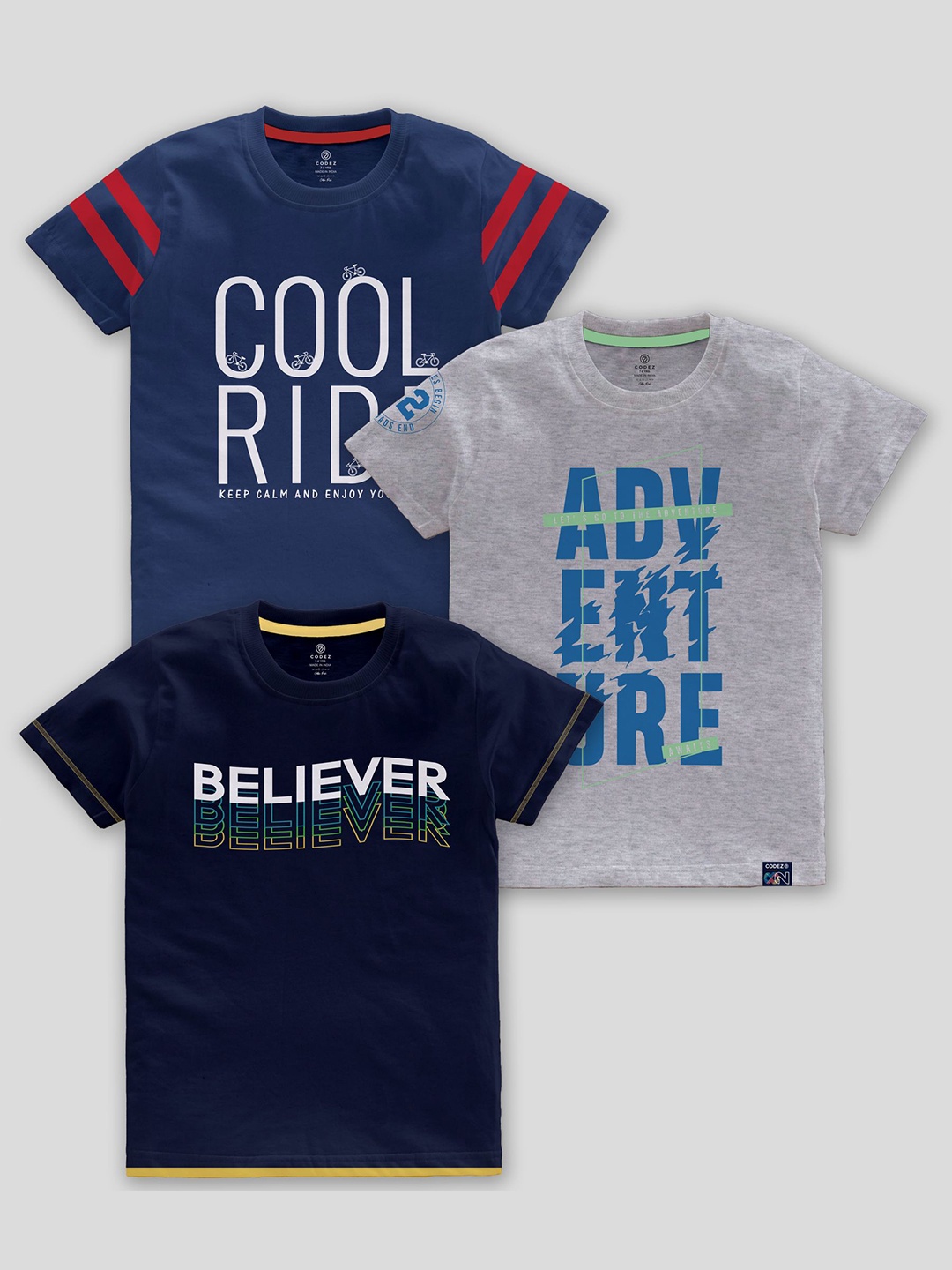 

CODEZ Boys Typography Printed Pack Of 3 Cotton T-Shirts, Navy blue
