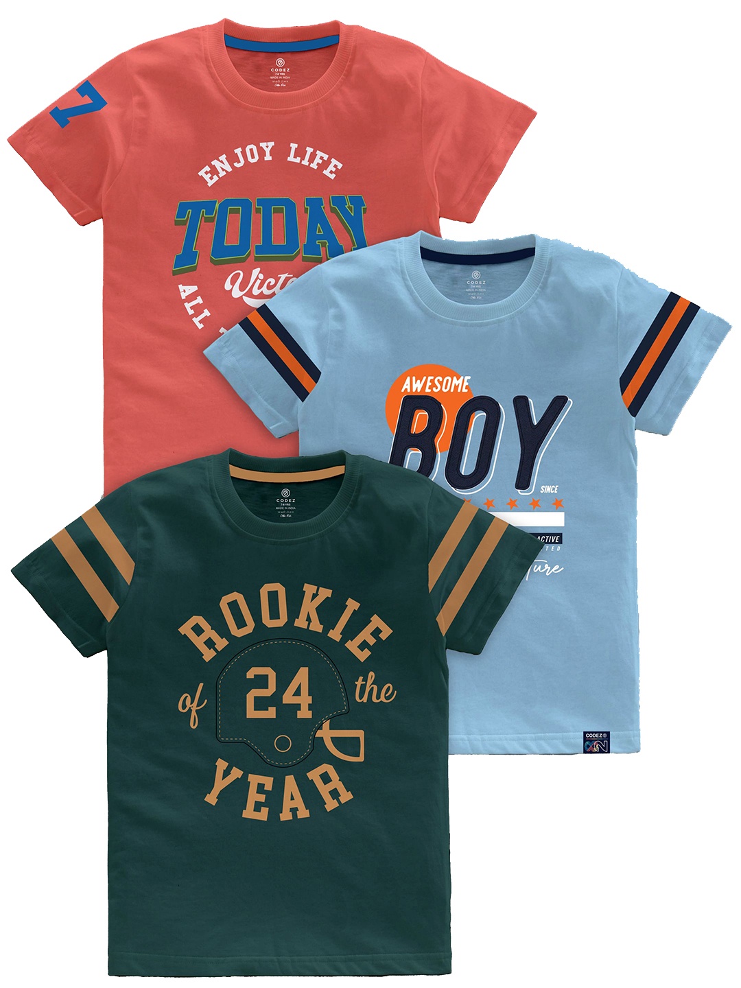 

CODEZ Boys Pack Of 3 Typography Printed Cotton T-Shirt, Orange