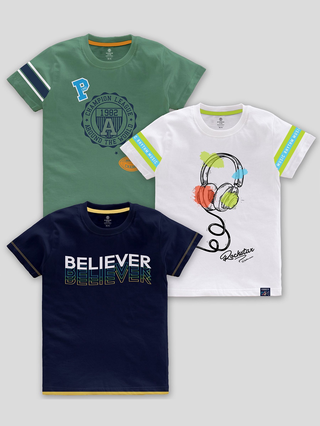

CODEZ Boys Pack Of 3 Typography Printed Cotton T-Shirt, Green