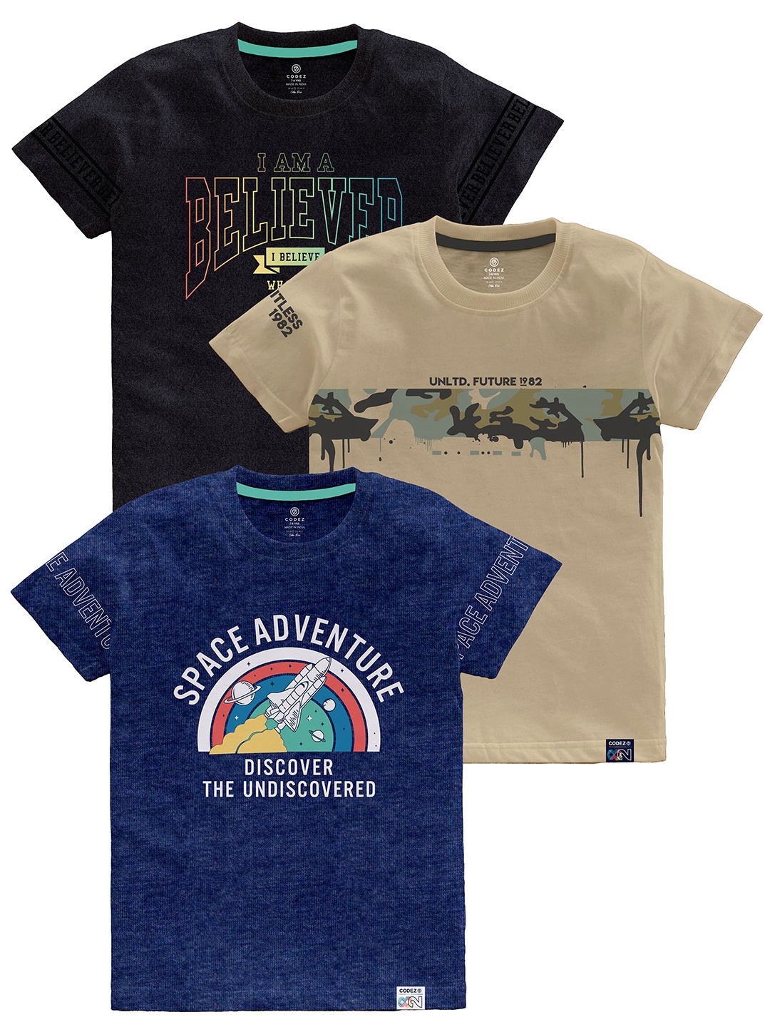 CODEZ Boys Multicoloured Typography Printed Applique T-shirt, Multi