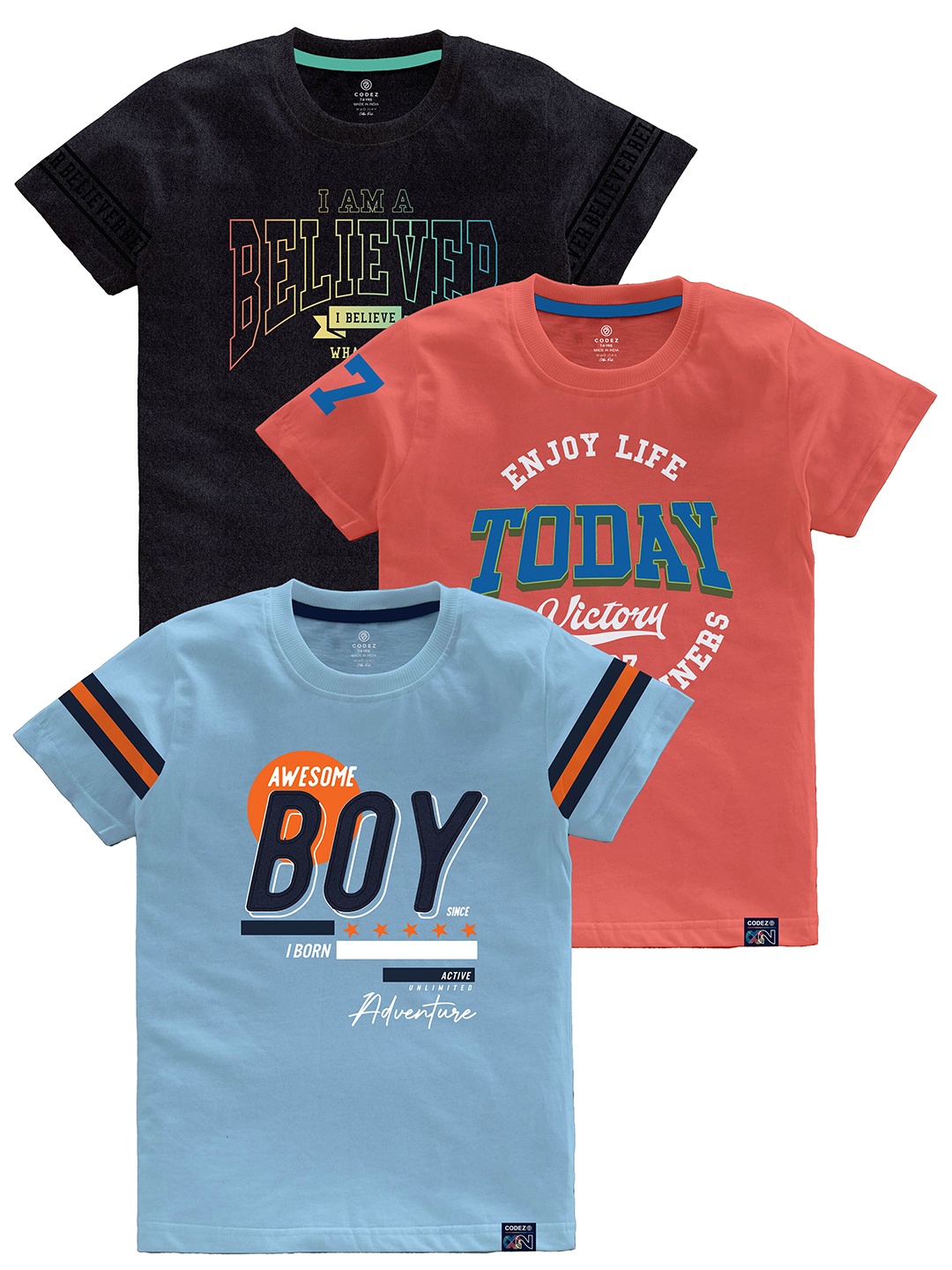 

CODEZ Boys Multicoloured Typography Printed Applique T-shirt, Multi