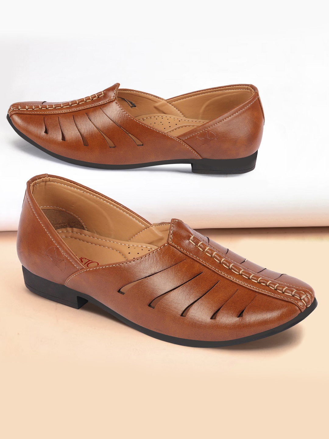 

FAUSTO Men Textured Laser Cut Lightweight Mojaris, Tan