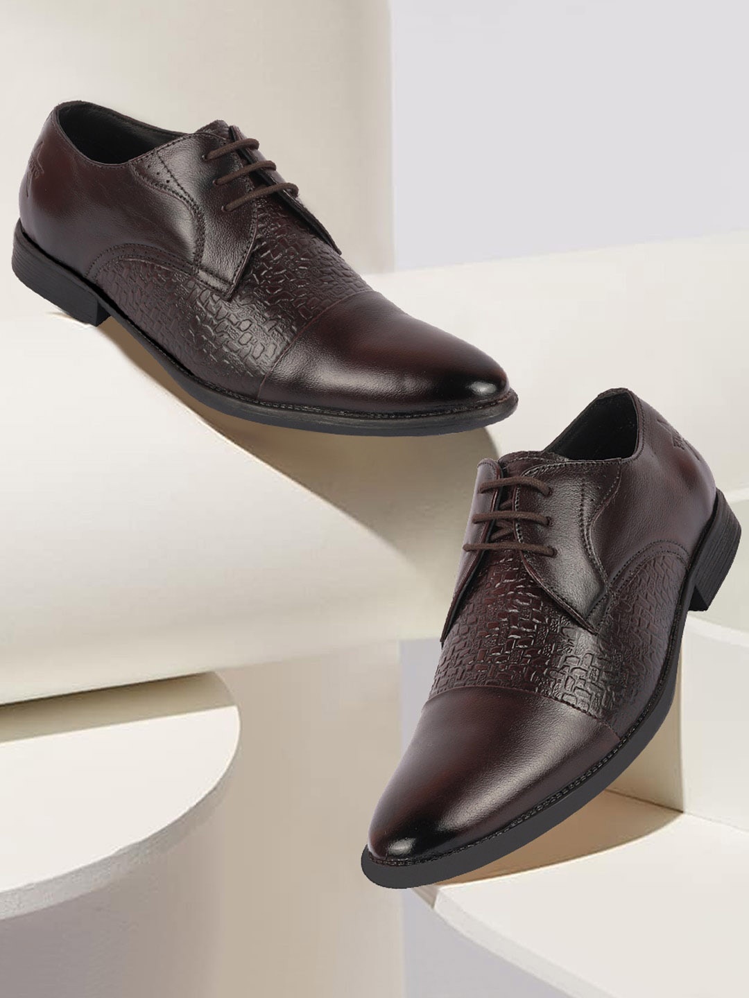 

FAUSTO Men Textured Leather Formal Derbys, Brown