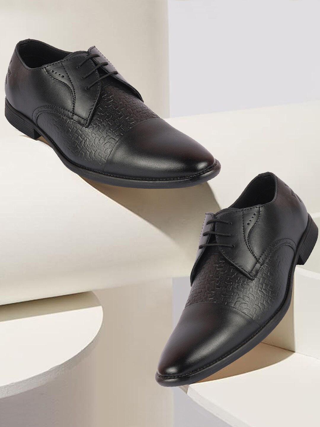 

FAUSTO Men Textured Leather Formal Derbys, Black