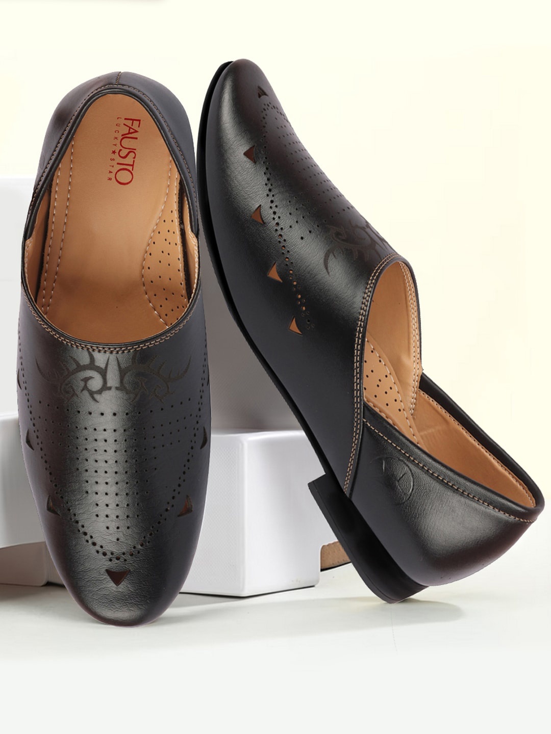 

FAUSTO Men Perforated Lightweight Mojaris, Black
