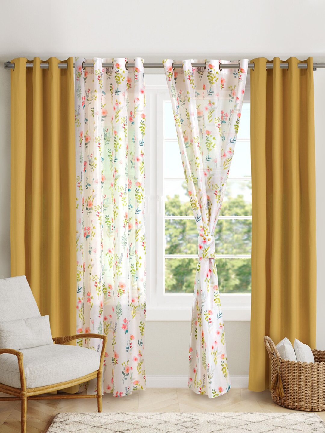 

BLANC9 4 Pieces White & Mustard Floral Door Curtains