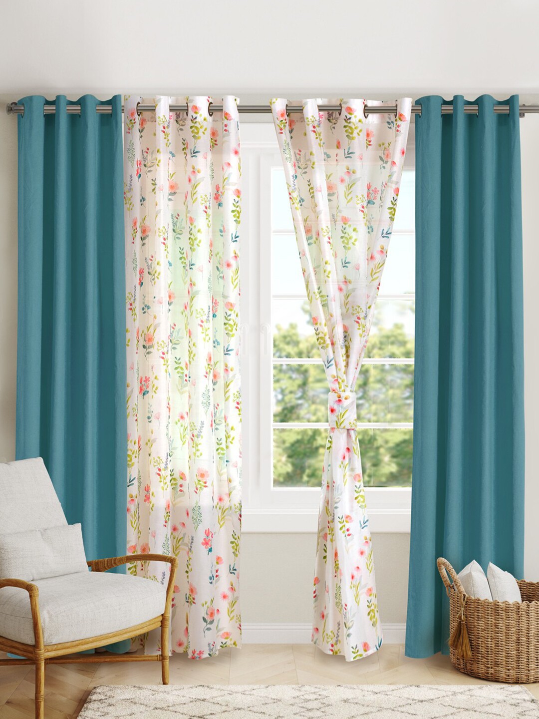 

BLANC9 4 Pieces Blue & White Floral Door Curtains