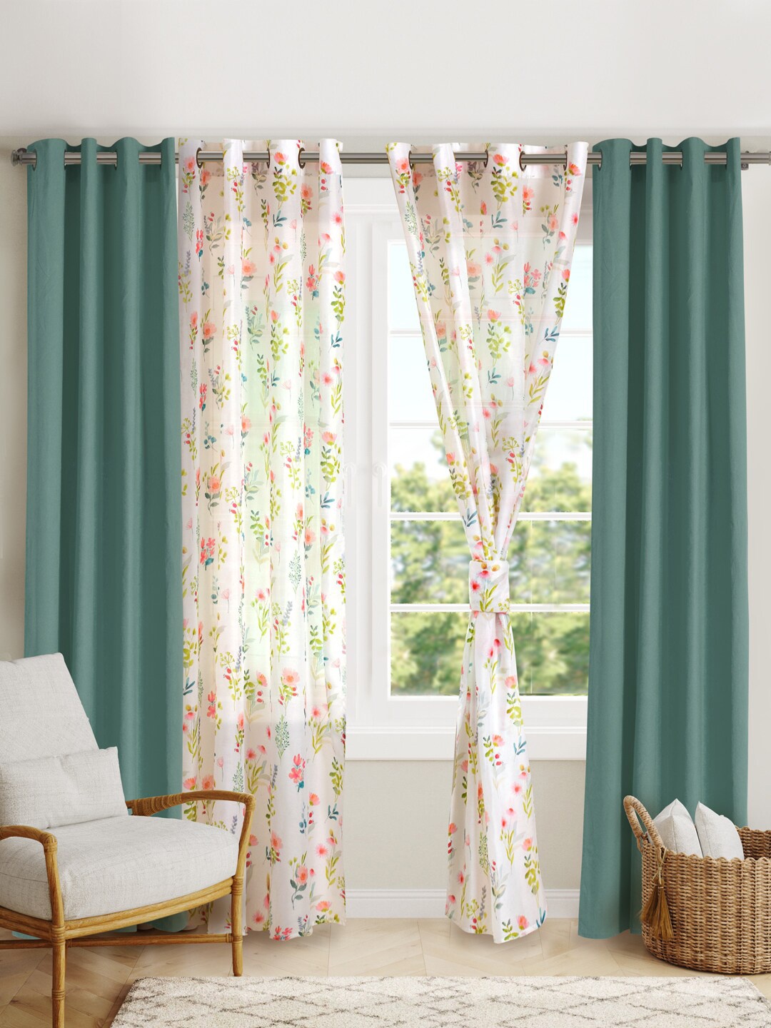

BLANC9 4 Pieces Green & White Floral Door Curtains