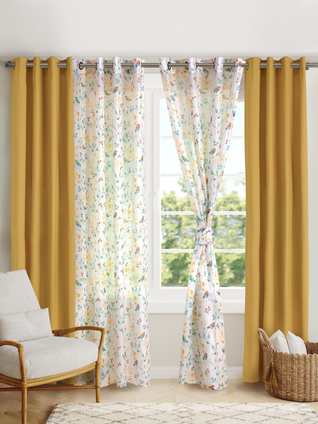 

BLANC9 4 Pieces Yellow & White Floral Door Curtains