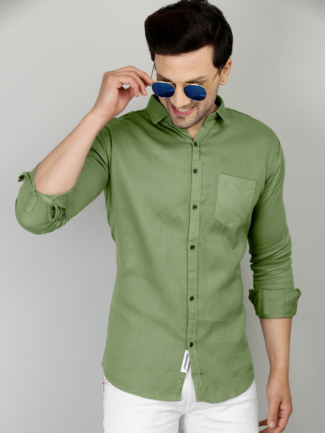 

MOONVELLY Classic Spread Collar Formal Cotton Shirt, Green