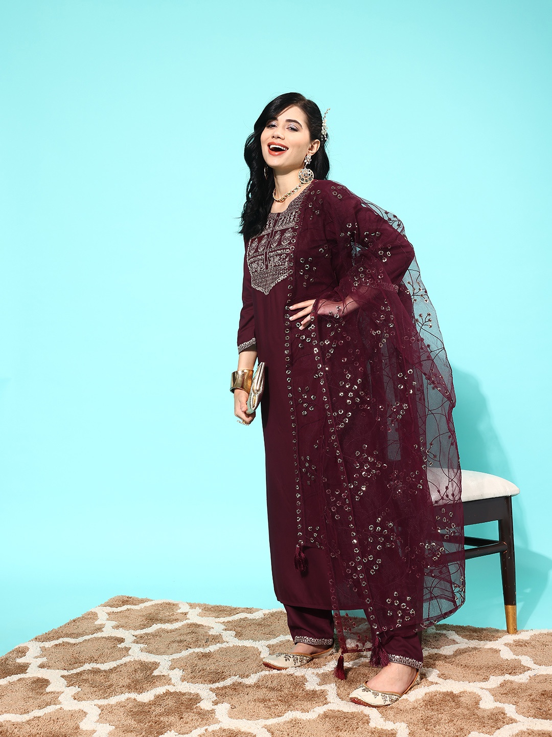 

Nayo Women Ethnic Motifs Yoke Design Regular Kurta with Palazzos & With Dupatta, Burgundy