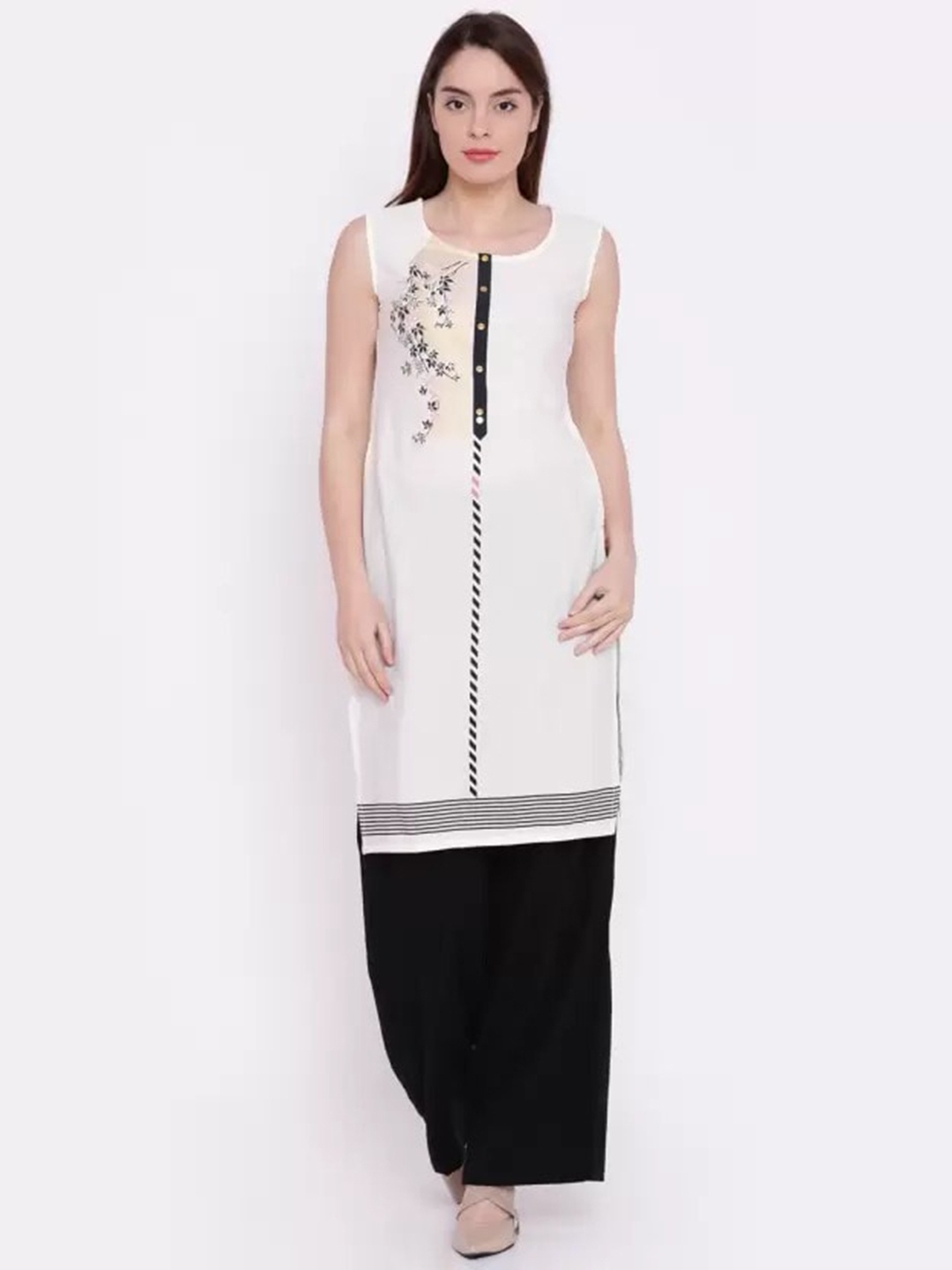 

Span Floral Printed Sleeveless Straight Kurta, Off white