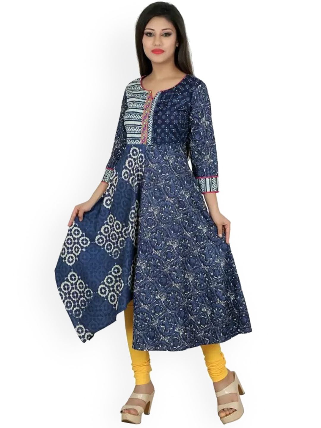 

Span Ethnic Motifs Printed Mirror Work A-Line Kurta, Blue