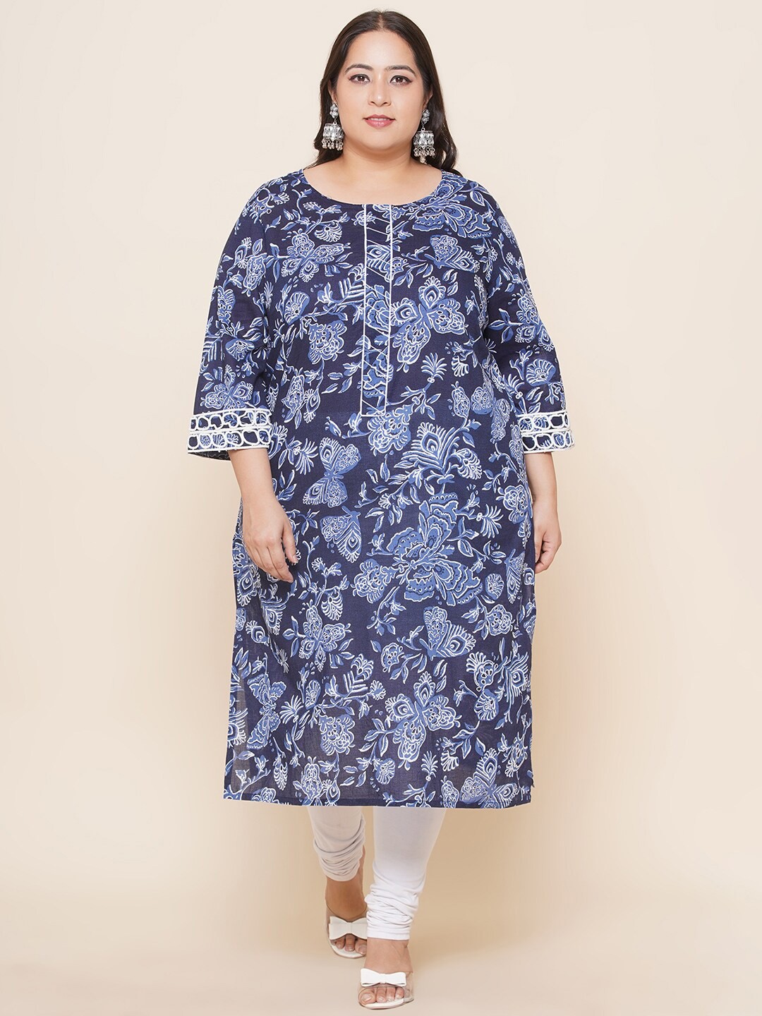 

Kiaahvi by JOHN PRIDE Plus Size Floral Printed Pure Cotton Straight Kurta, Blue