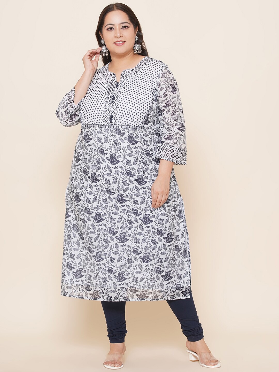 

Kiaahvi by JOHN PRIDE Plus Size Floral Printed Pure Cotton Kurta, White