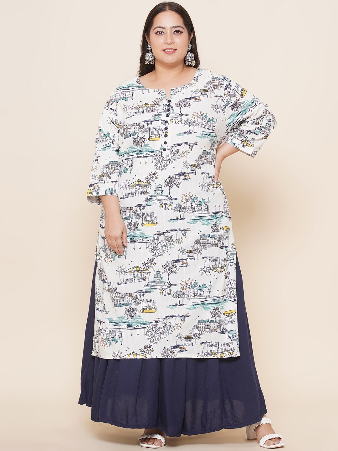 

Kiaahvi by JOHN PRIDE Plus Size Ethnic Motifs Printed Button Detail Pure Cotton Kurta, White