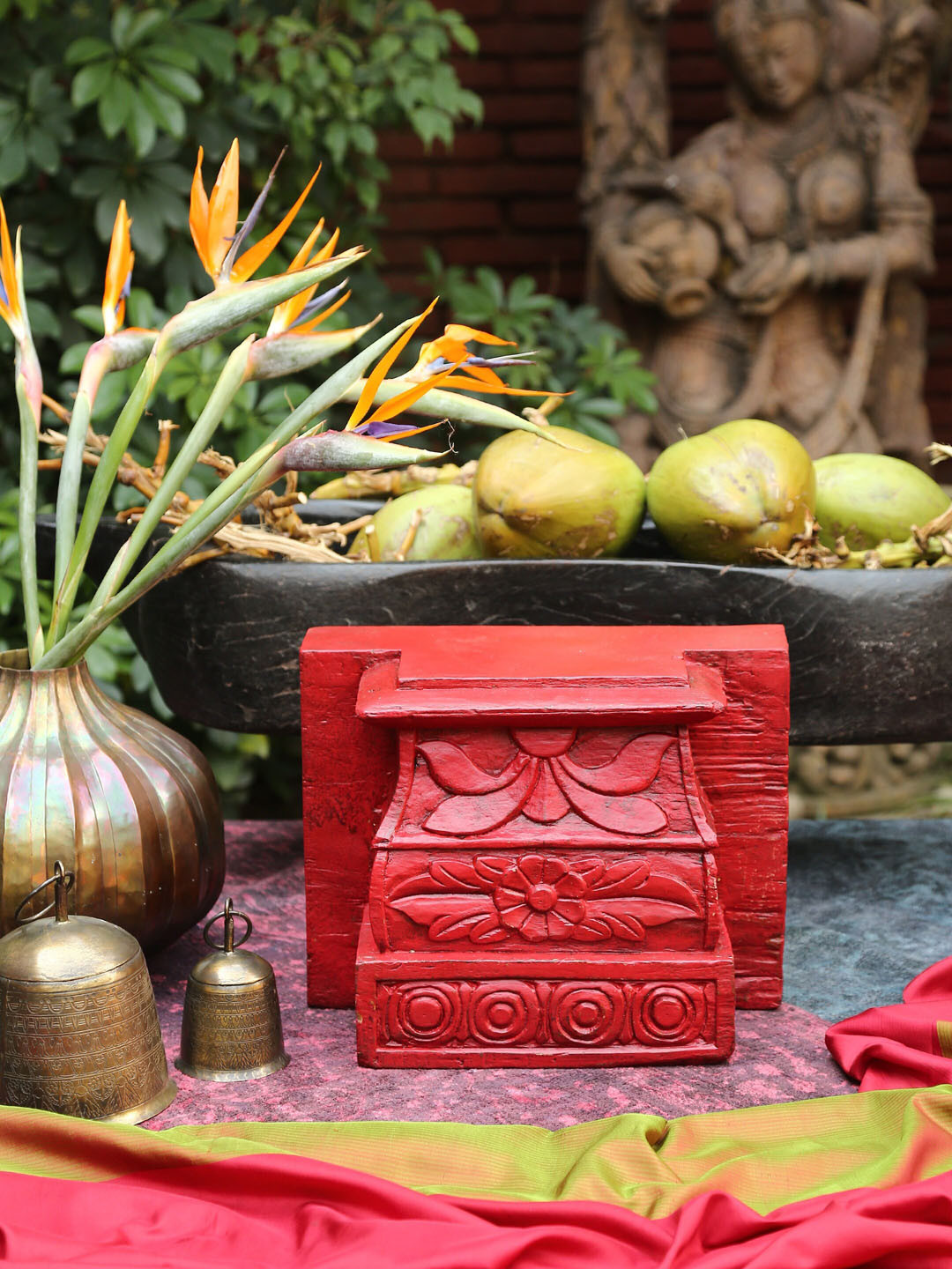 

Amoliconcepts Revive Red Carved Wooden Block Vintage Showpiece