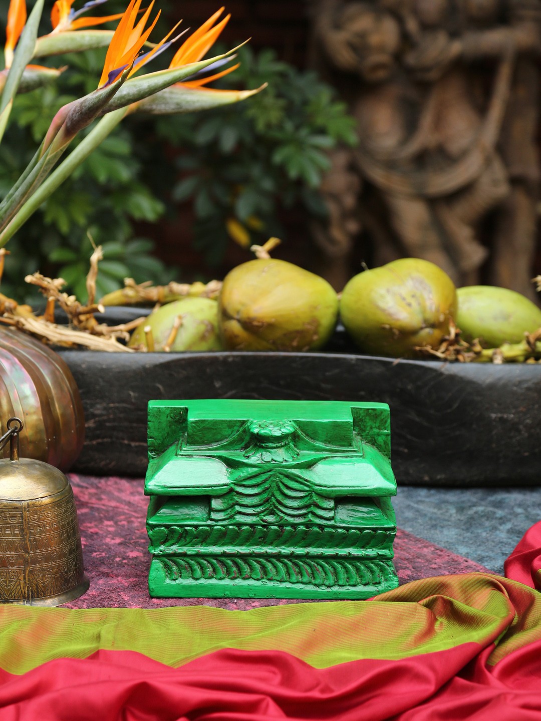 

Amoliconcepts Revive Green Vintage Carved Wooden Block Showpiece