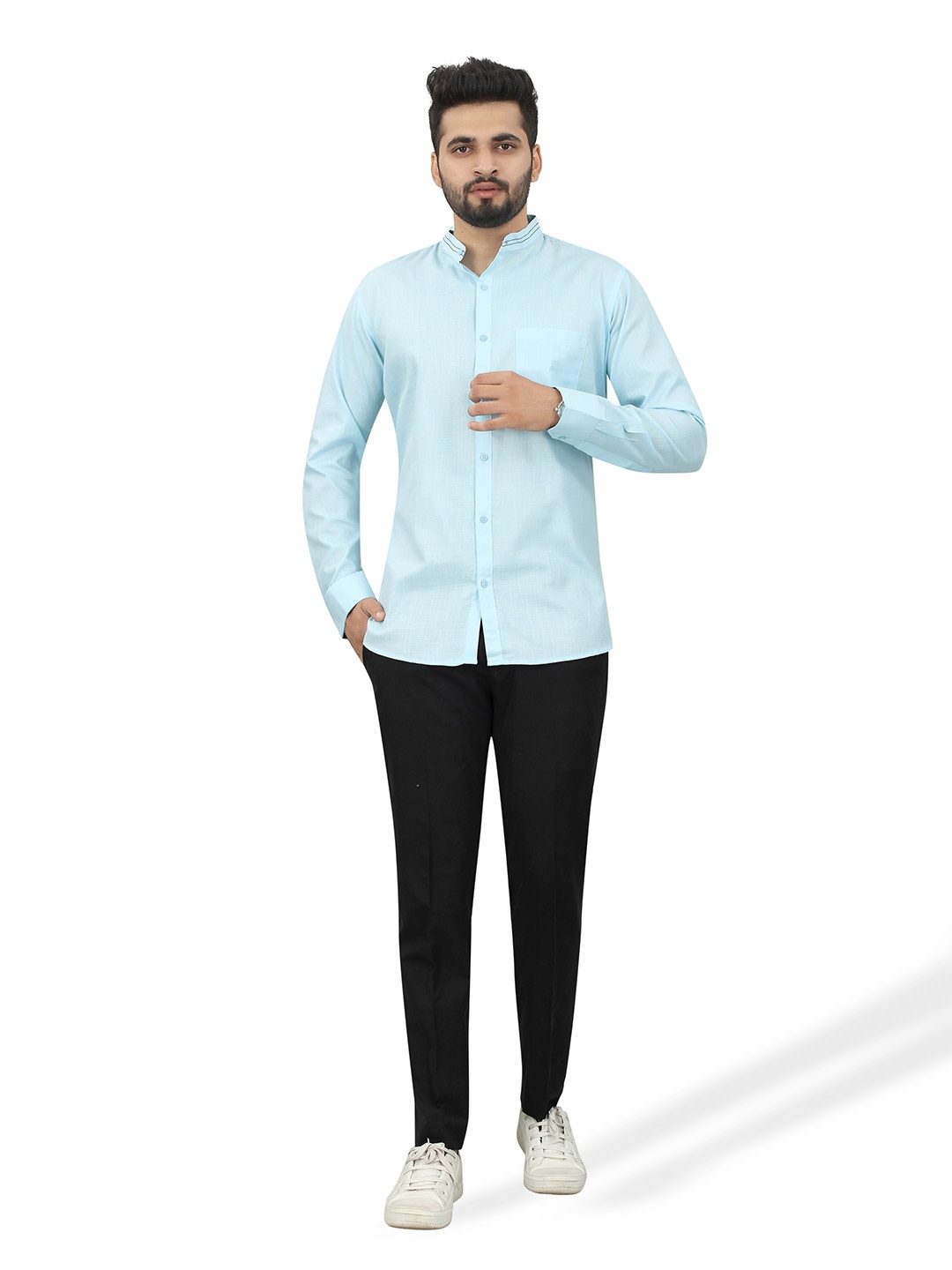 

N N ENTERPRISE Mandarin Collar Slim Fit Opaque Casual Shirt, Blue