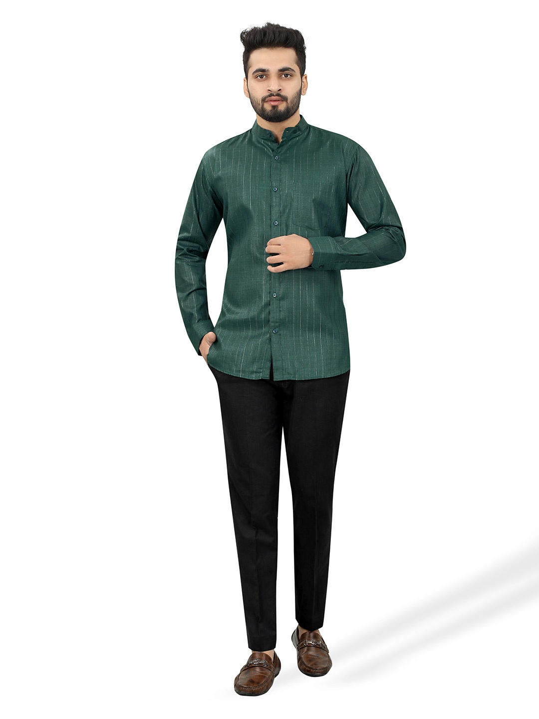 

N N ENTERPRISE Mandarin Collar Striped Slim Fit Opaque Casual Shirt, Green