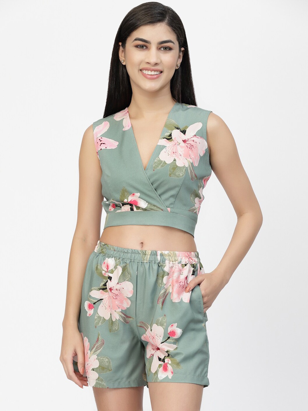 

EROTISSCH Green Floral Printed Relaxed-Fit Swimwear Set