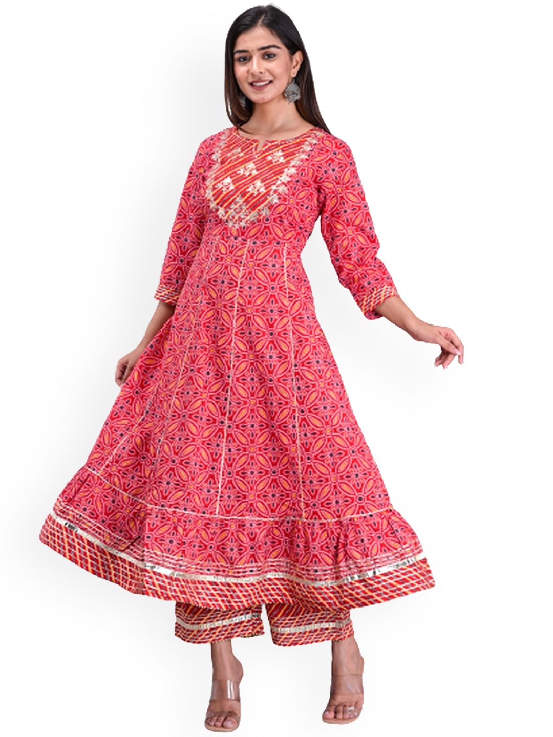 

EtnicaWear Bandhani Printed Notched Neck Zari Pure Cotton Anarkali Kurta With Palazzos, Red