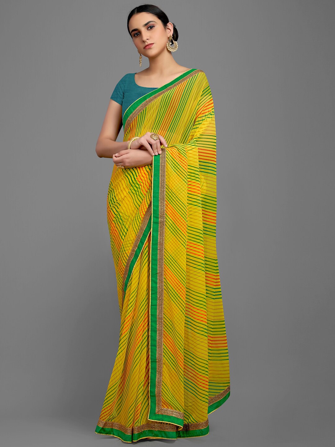 

Shaily Striped Embroidered Pure Georgette Saree With Blouse Piece, Yellow