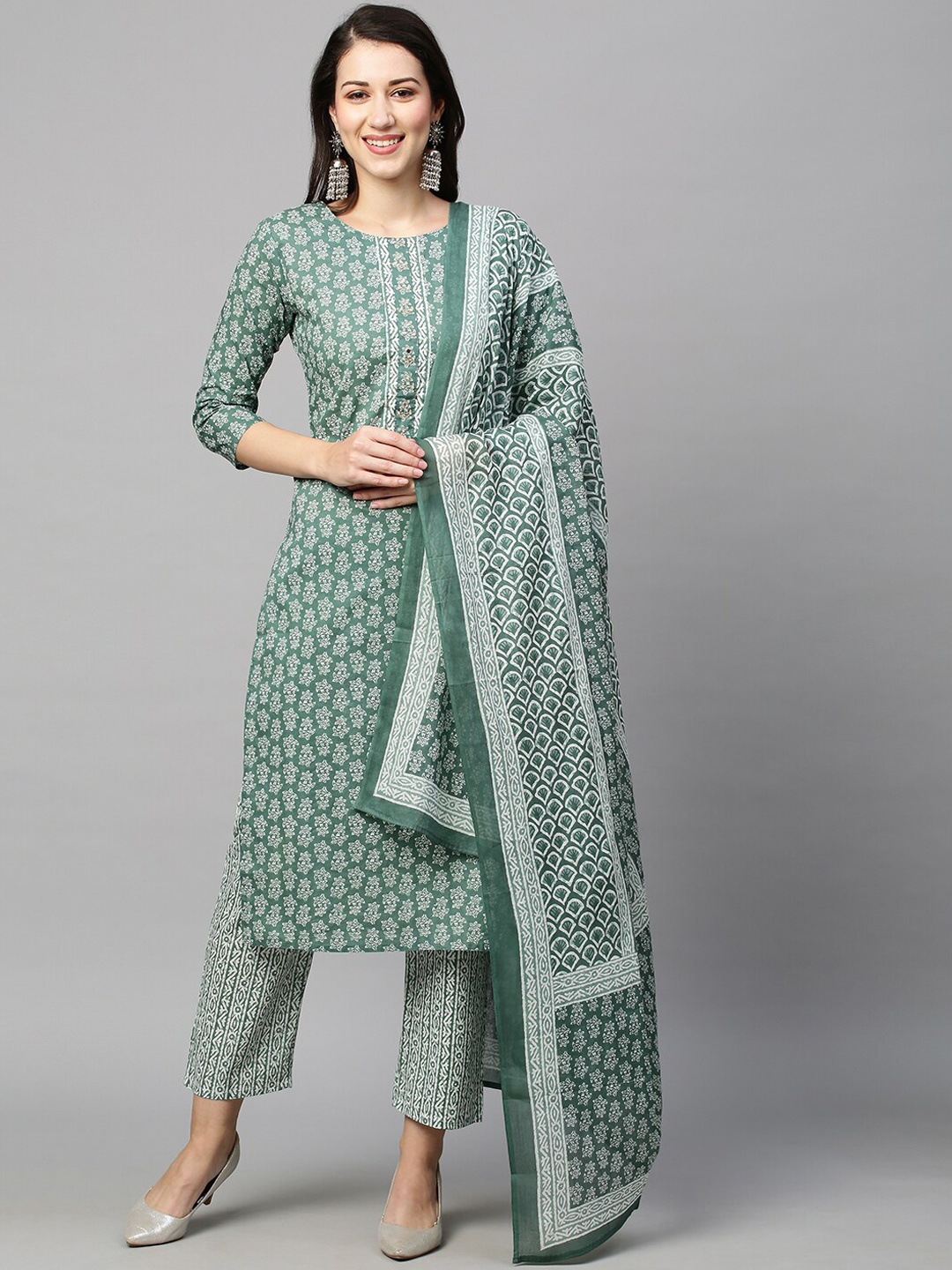 

INDYES Ethnic Printed Sequinned Beads Detail Pure Cotton Kurta with Trousers & Dupatta, Green