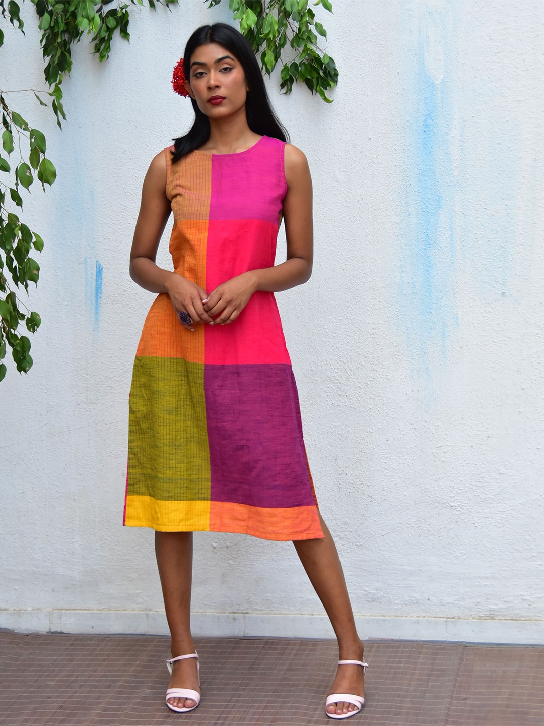 

Chidiyaa Colourblocked Cotton A-Line Midi Dress, Pink
