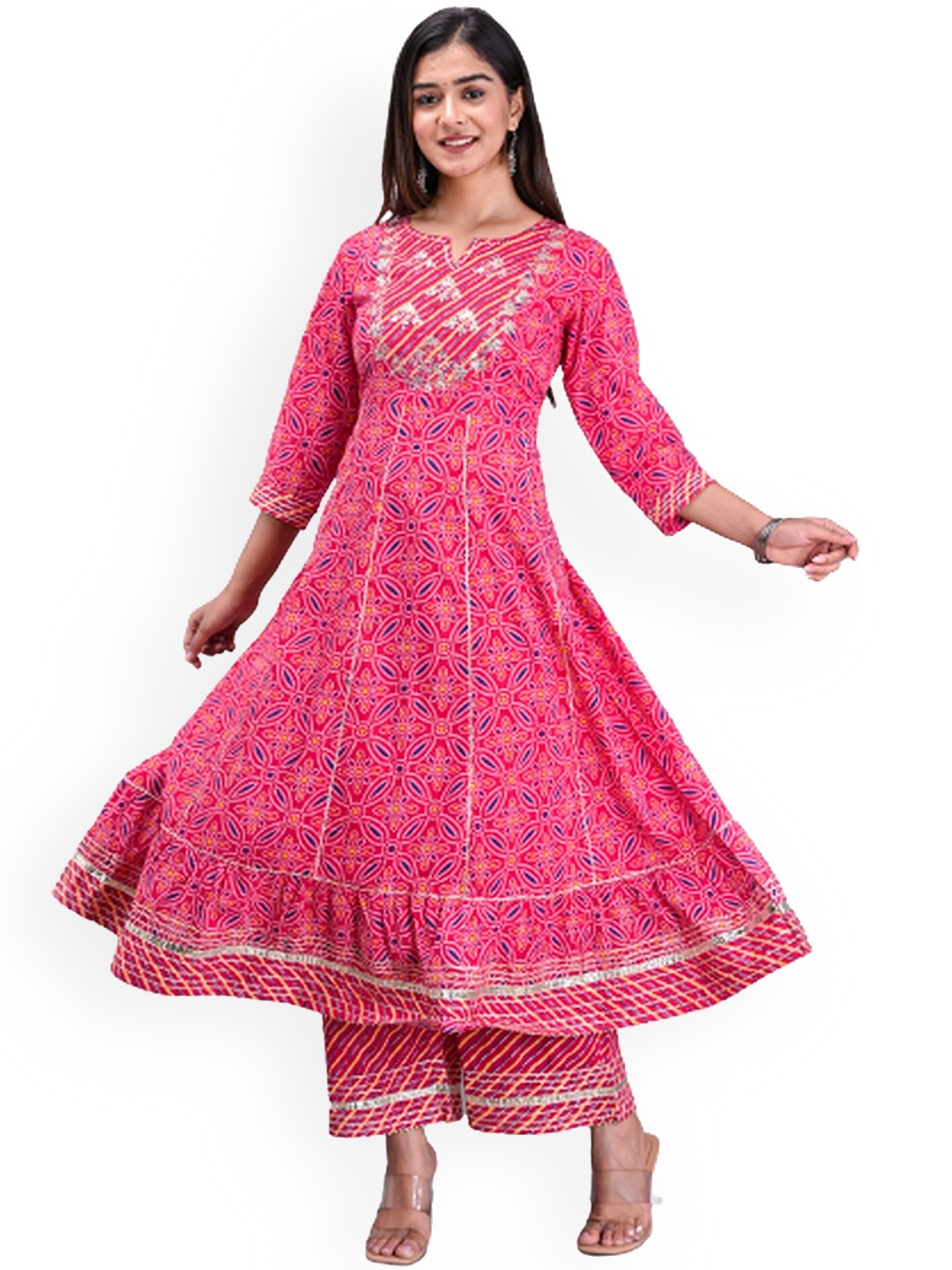 

EtnicaWear Bandhani Printed Gotta Patti Anarkali Pure Cotton Kurta with Palazzos, Pink