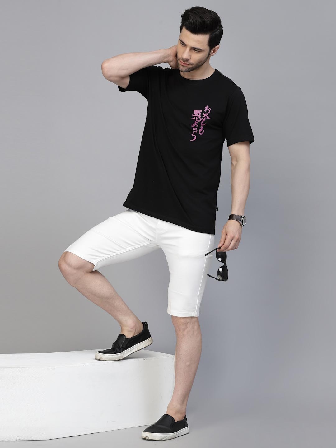

Rigo Printed Oversized Drop Shoulder Sleeves Pure Cotton Sports T-shirt, Black